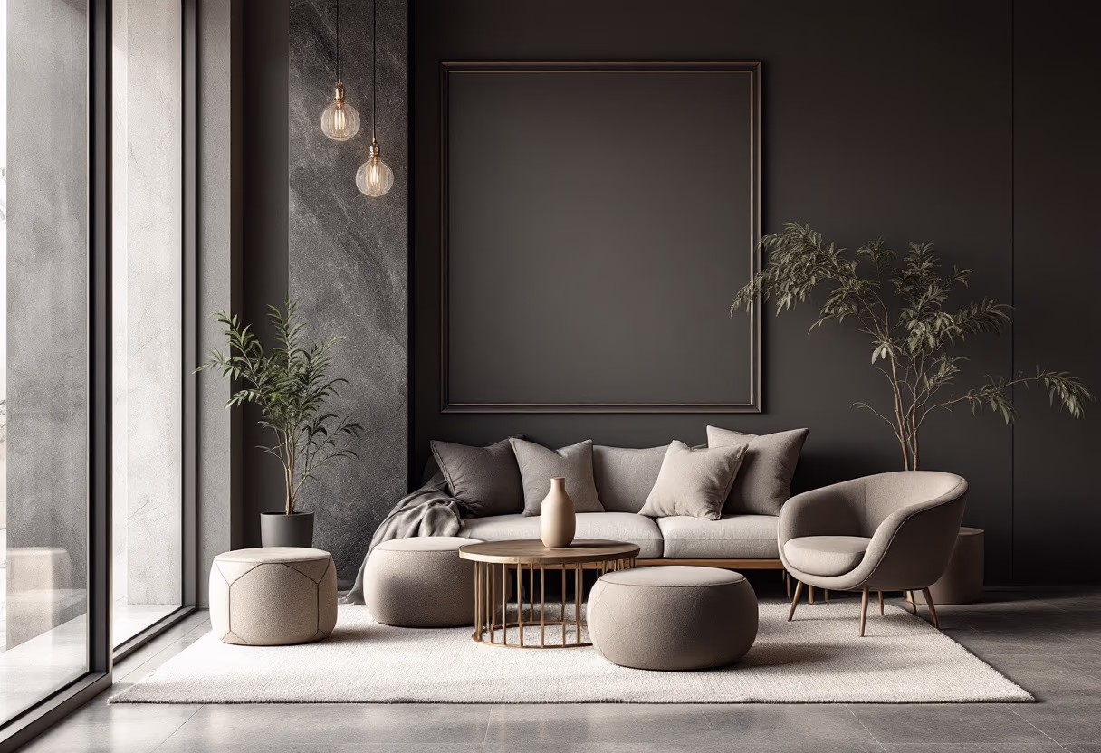 Sofa with its chairs and some puffy stools in a very green and ecstacy