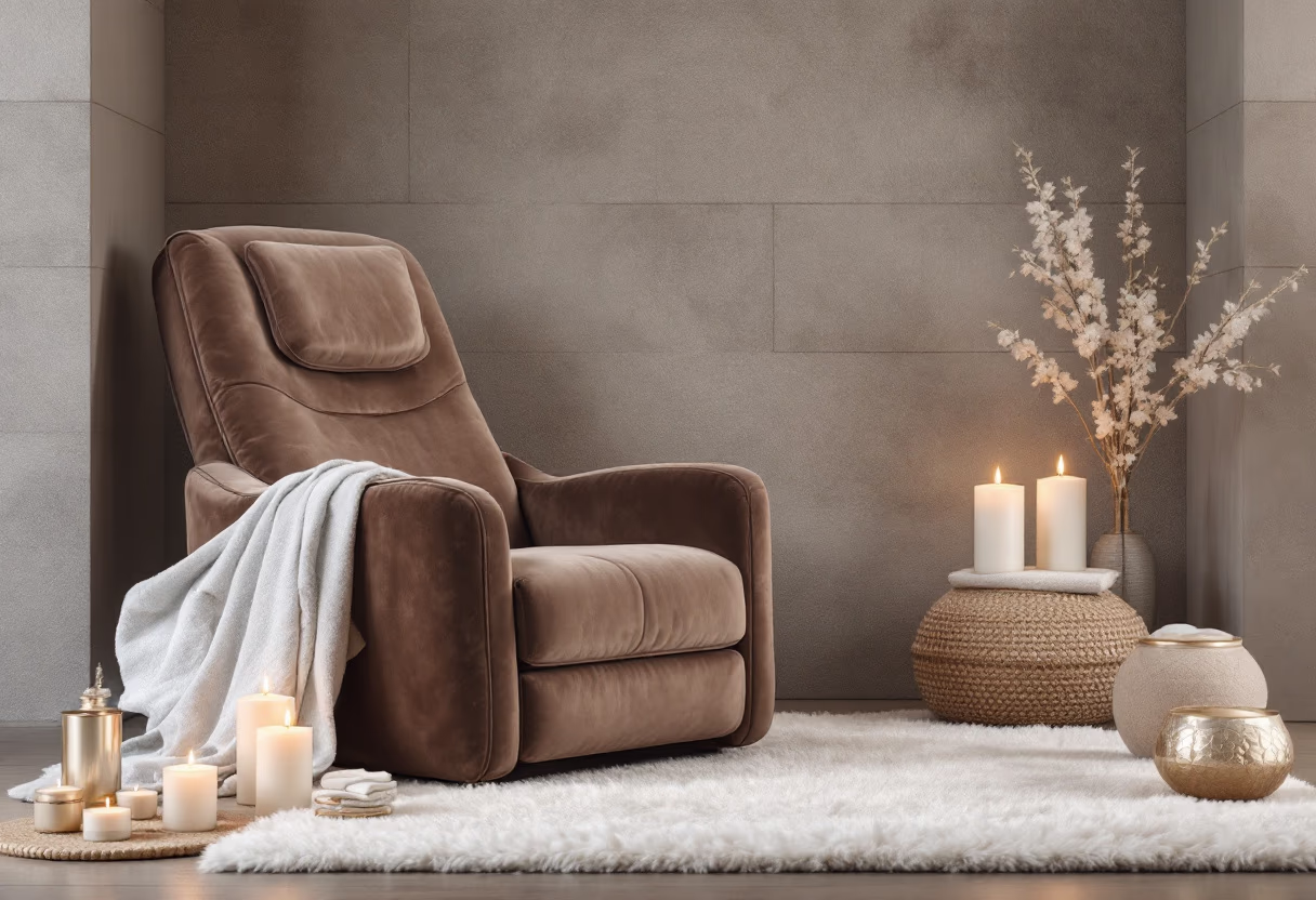 A supposedly comfortable recliner sofa with a cozy environment