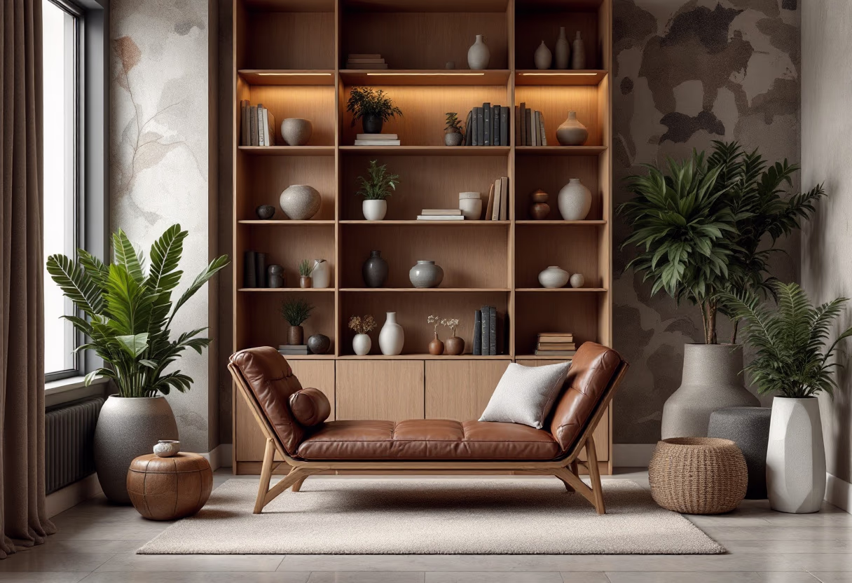 A custom diwan like resting sofa with a rack behind it attached to the background wall